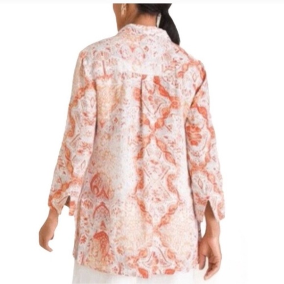 Chico’s 100% Linen Button Down Front Split 3/4 Sleeve Collared Orange Print Top - Picture 2 of 15